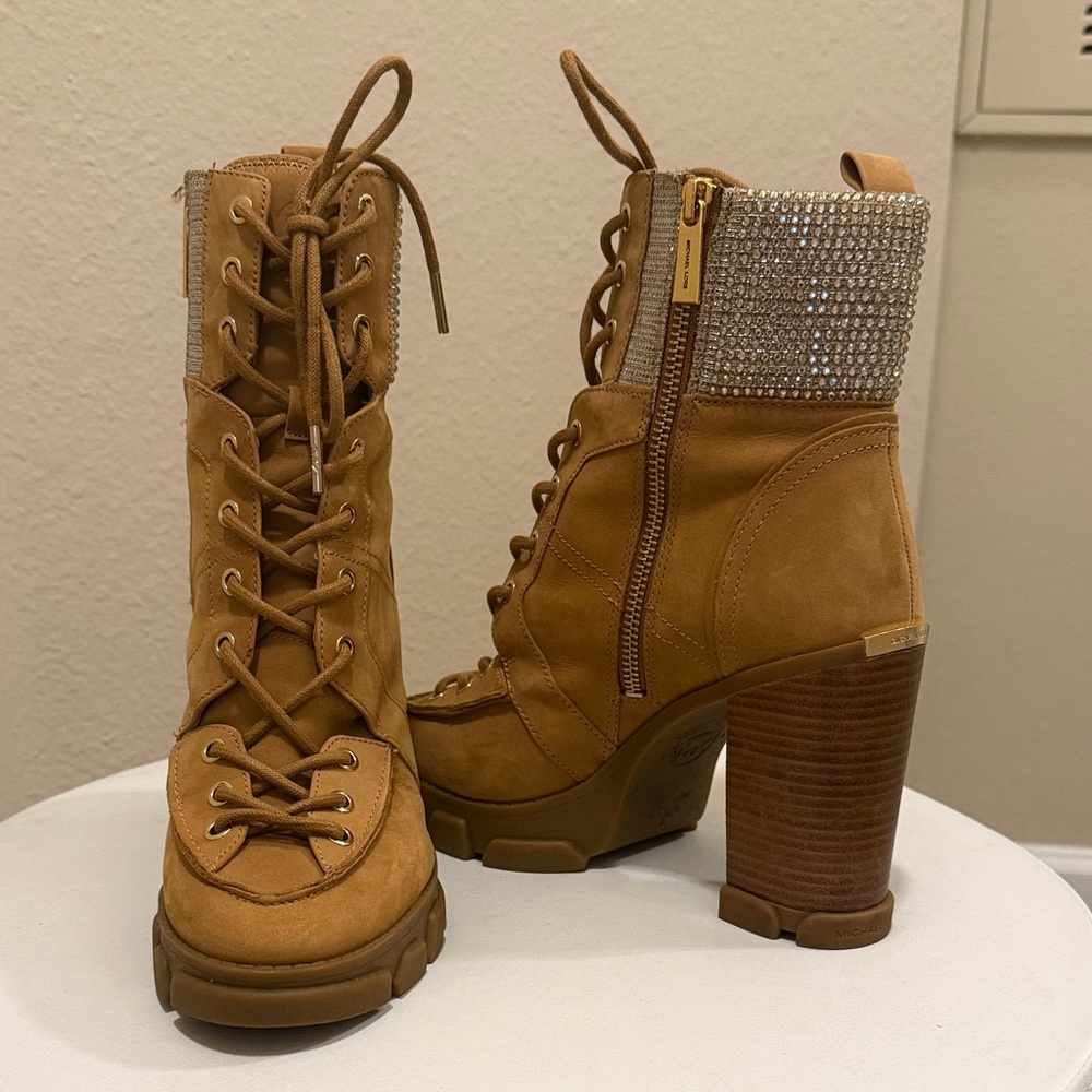 #248. Michael Kors Tan Lace-Up Platform Ankle Boots with Crystal Cuff